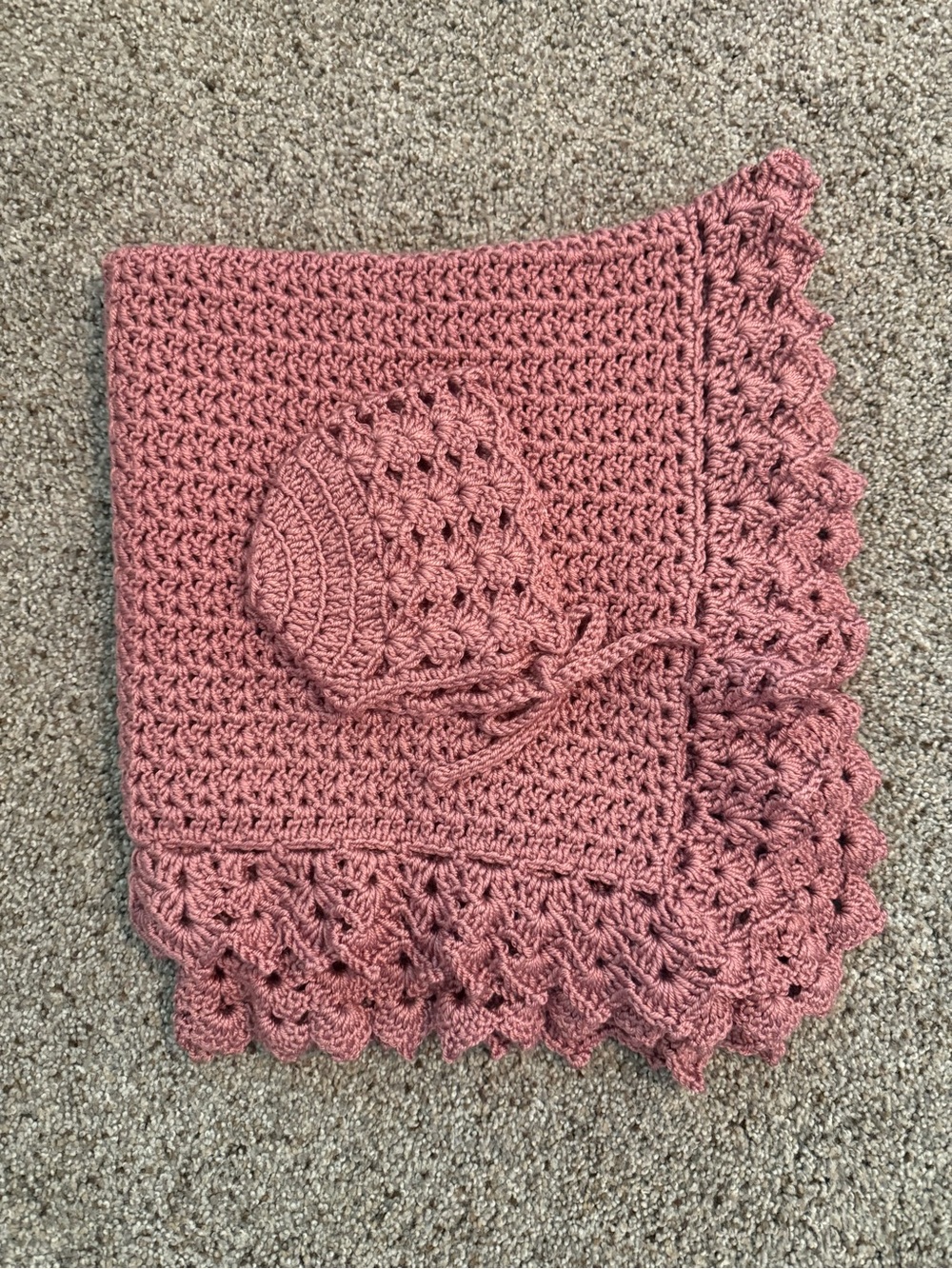 NEW! Handmade Crocheted Baby Blanket with Matching Bonnet - Dusty Rose